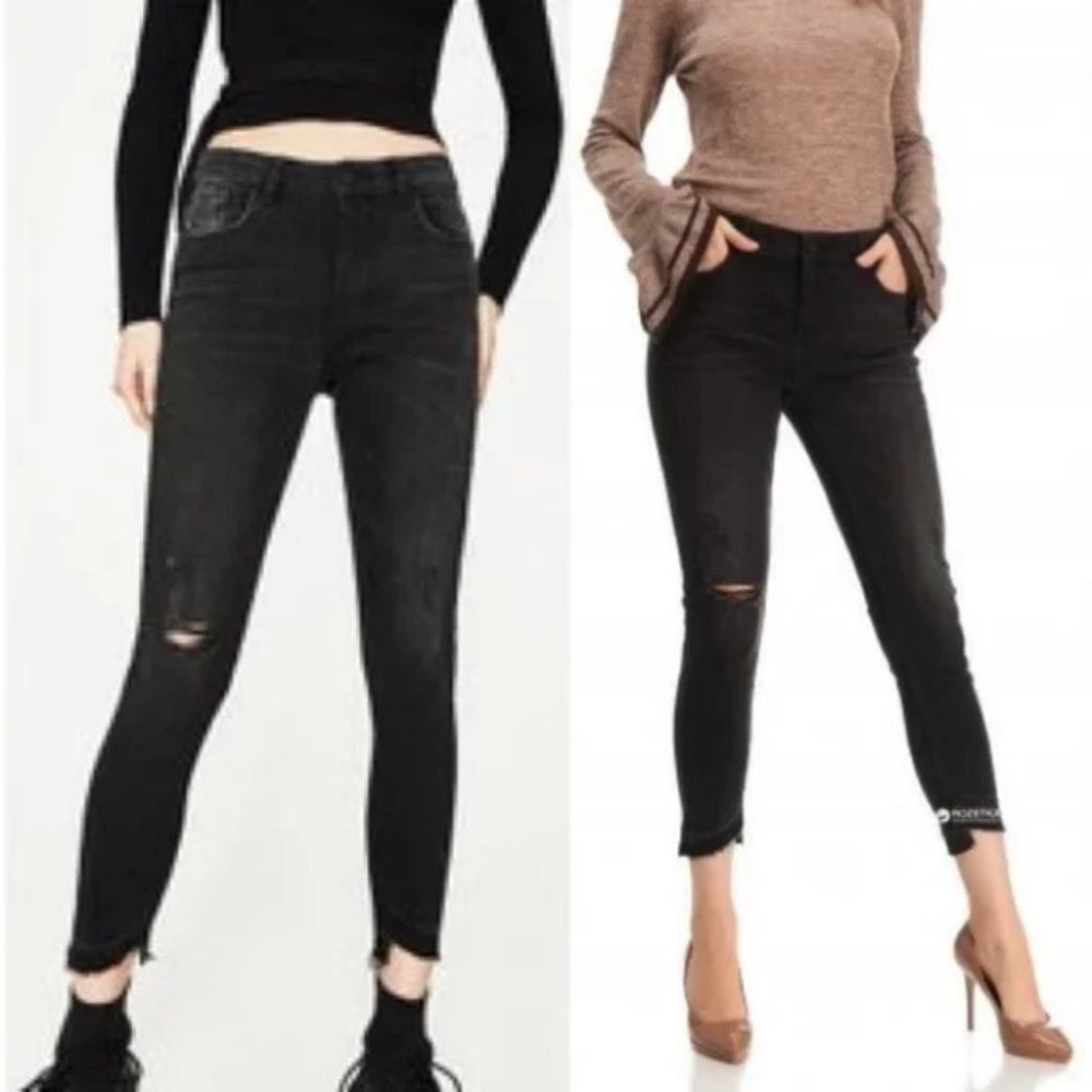 Zara Z1975 Asymmetric Hem Black Jeans Size‎ 8 Released Hem Distressed Denim Raw
